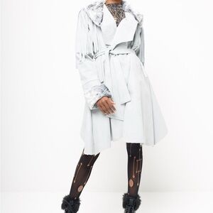 Elegant baby blue Trench Coat with Faux Fur Trim and fringe
